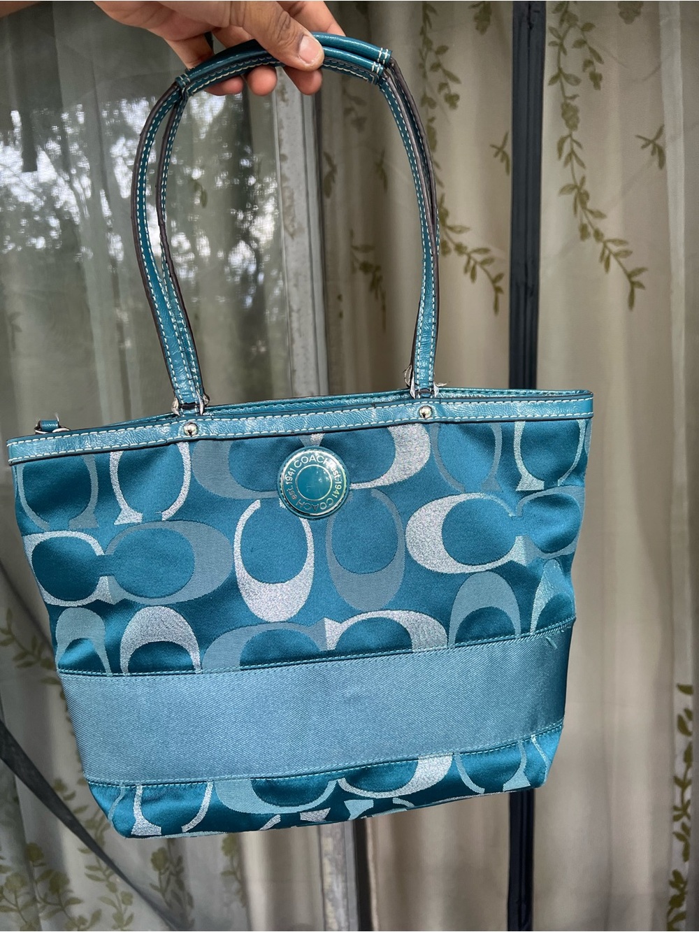 Coach Teal Signature 'C' Tote with Leather-Trim Handles